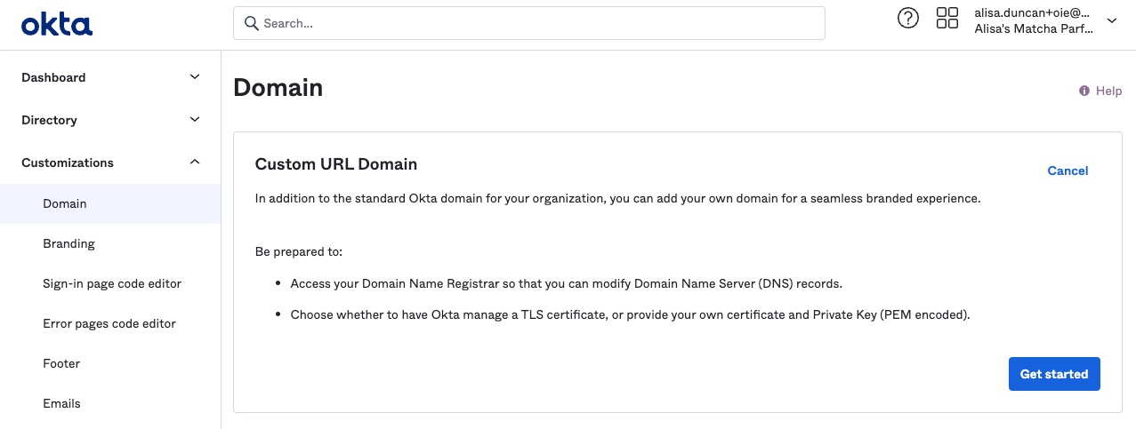 Screenshot of Admin console starting the custom domain configuration