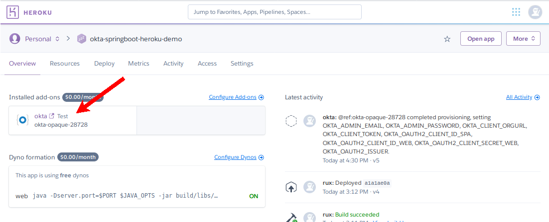 Locate Okta configuration within Heroku dashboard